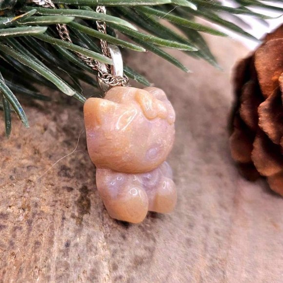 Nature Chrysanthemum Coral Stone Carved Hello Kitty Pendant Necklace - Picture 5 of 10